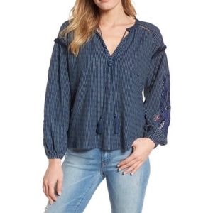 Lucky Brand Blue Eyelet Stripe Peasant Blouse XS